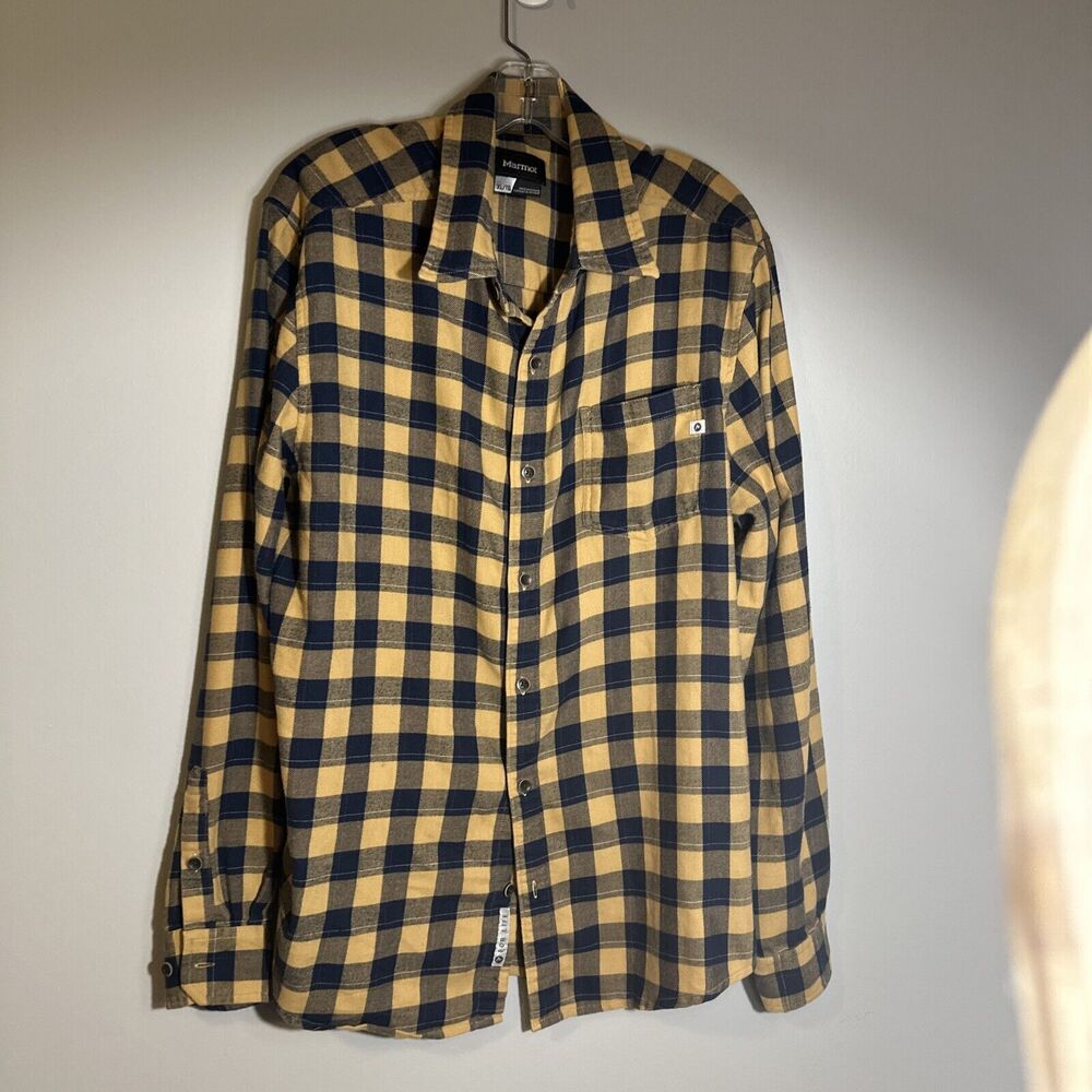 Marmot Shirt Mens XL‎ Beige Blue Plaid Flannel Button Up Lightweight Soft Rustic